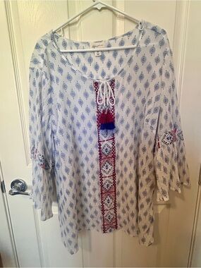 Boho Embroidered Peasant Blouse - White with Blue & Red Accents 3X